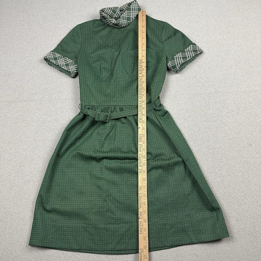 Vtg 70s Polyester Knit Green Dress w/ Belt Polka Dot High Neck 32B 26W 34L - Picture 7 of 9
